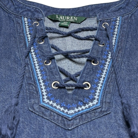 Lauren Ralph Lauren Denim Shift Dress 16W Embroidered Tasseled Knee Length - Picture 4 of 11